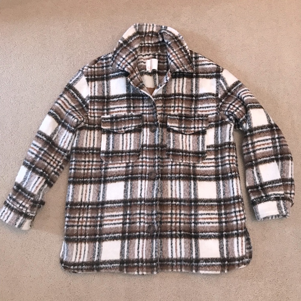Gianni Bini Fall Winter Coat Jacket Size Large Plaid Brown Cream Button Up